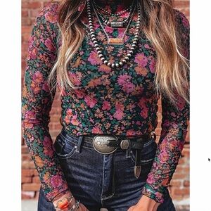 Boho Floral Print Semi Sheer fitted Long Sleeve Top